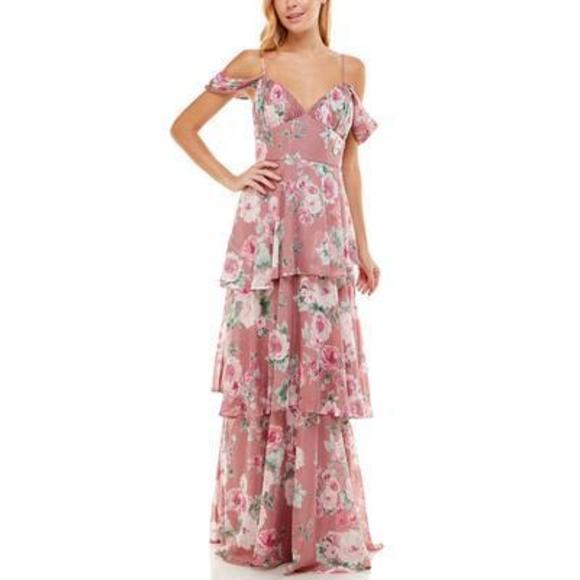 CRYSTAL DOLLS Pink Floral Tiered Maxi Dress - Formal Gown - Picture 1 of 1
